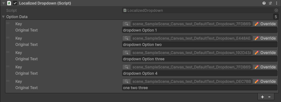 LocalizedDropdown component in the inspector